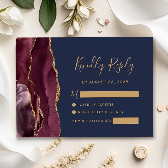 Modern Burgundy Gold Agate Navy Blue Wedding RSVP (Creator Uploaded)