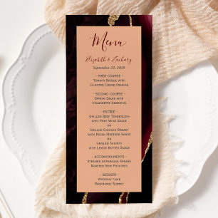 Modern Burgundy Gold Agate Peach Wedding Menu