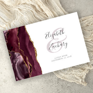Modern Burgundy Gold Agate Script Guest Book