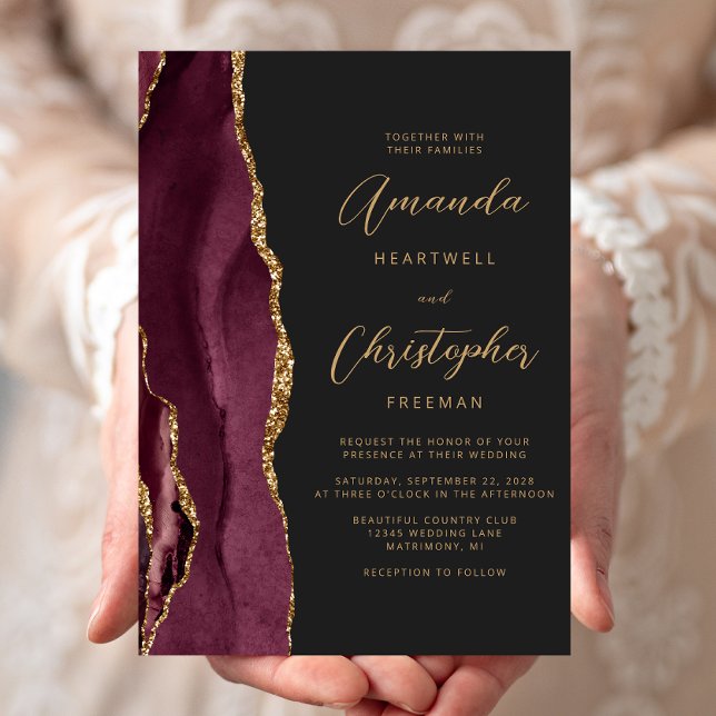 Modern Burgundy Gold Agate Script Slate Wedding Invitation (Creator Uploaded)