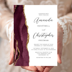 Modern Burgundy Gold Agate Script Wedding Invitation
