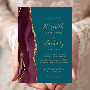 Modern Burgundy Gold Agate Teal Wedding Invitation