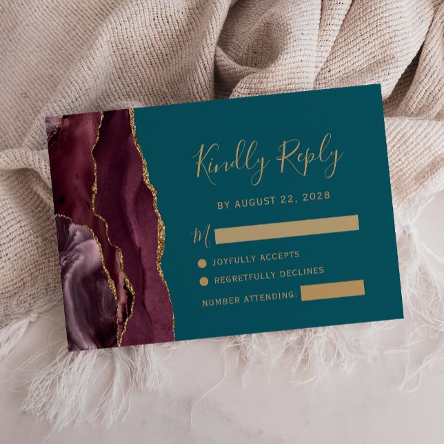 Modern Burgundy Gold Agate Teal Wedding RSVP Card (Creator Uploaded)