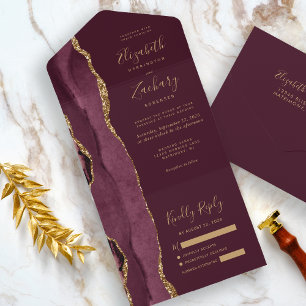 Modern Burgundy Gold Agate Wedding All In One Invitation