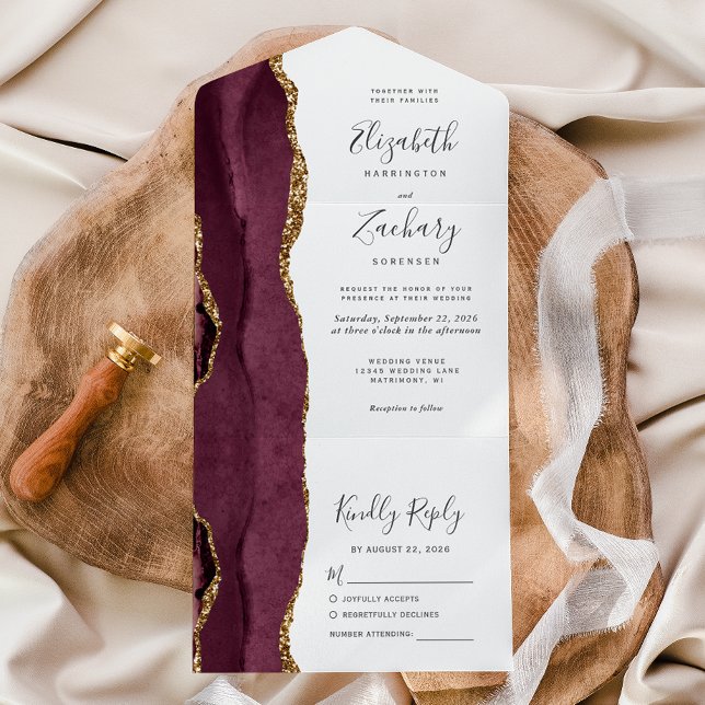 Modern Burgundy Gold Agate Wedding All In One Invitation (Creator Uploaded)