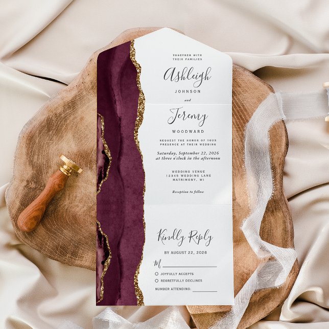 Modern Burgundy Gold Agate Wedding All In One Invitation (Creator Uploaded)