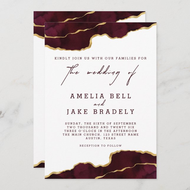 Modern Burgundy Gold Agate Wedding Invitation (Front/Back)