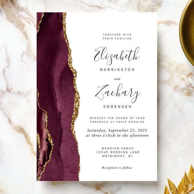 Modern Burgundy Gold Agate Wedding Invitation (The perfect choice for a burgundy and gold themed wedding.)
