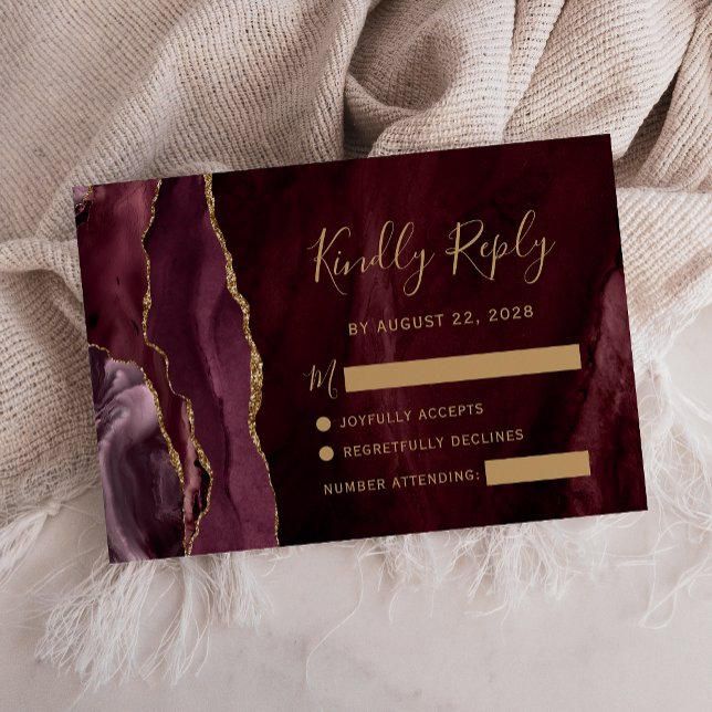 Modern Burgundy Gold Agate Wedding RSVP Card (Creator Uploaded)