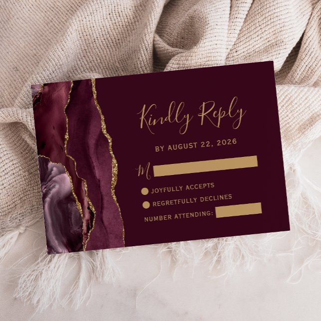 Modern Burgundy Gold Agate Wedding RSVP Card (Creator Uploaded)