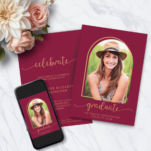 Modern Burgundy Gold Arch Photo Graduation Invitation