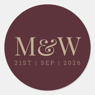 Modern Burgundy Gold Bride Groom Monogram Classic Round Sticker