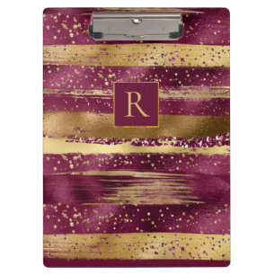 Modern burgundy, gold brush strokes and monogram clipboard