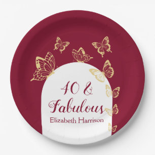 Modern Burgundy Gold Butterflies Fabulous Birthday Paper Plate