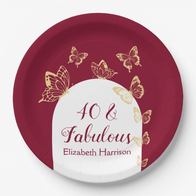 Modern Burgundy Gold Butterflies Fabulous Birthday Paper Plate (Front)