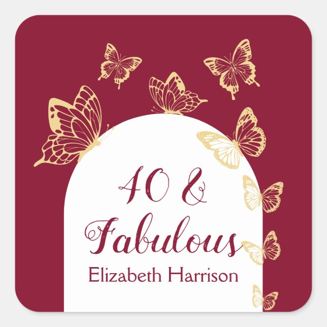Modern Burgundy Gold Butterflies Fabulous Birthday Square Sticker (Front)