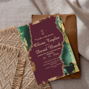 Modern Burgundy Gold Emerald Green Wedding Invitation