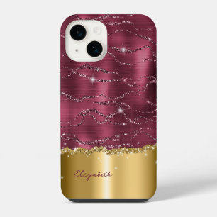Modern Burgundy Gold Faux Glitter Monogram Case