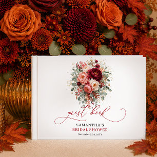 Modern Burgundy Gold Floral autumn bridal shower Guest Book
