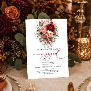 Modern Burgundy Gold Floral Autumn engagement invi Invitation