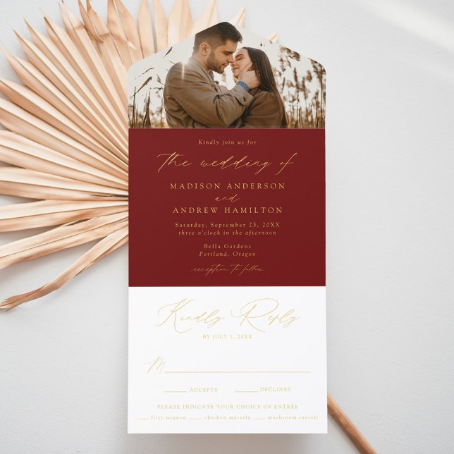 Modern Burgundy Gold Foil Script Photo Wedding All In One Invitation (Creator Uploaded)