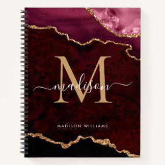 Modern Burgundy Gold Glitter Agate Geode Monogram Notebook