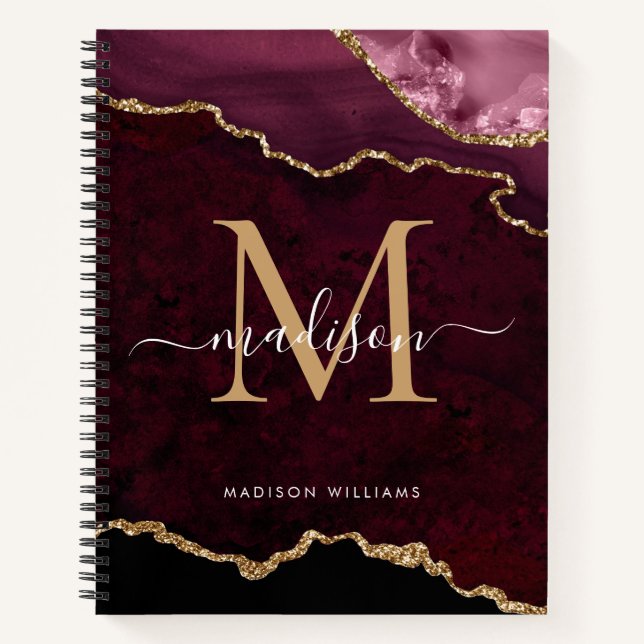 Modern Burgundy Gold Glitter Agate Geode Monogram Notebook (Front)