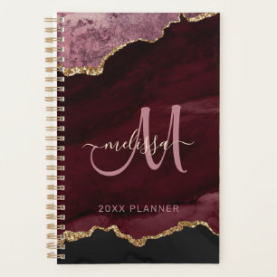 Modern Burgundy Gold Glitter Agate Monogram 2024 Planner