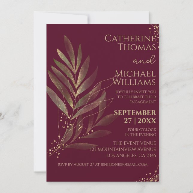 Modern Burgundy Gold Leaf Wedding Engagement Party Invitation (Front)