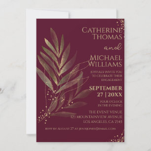 Modern Burgundy Gold Leaf Wedding Engagement Party Invitation