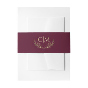 Modern Burgundy Gold Leaf Wedding Monogram Invitation Belly Band