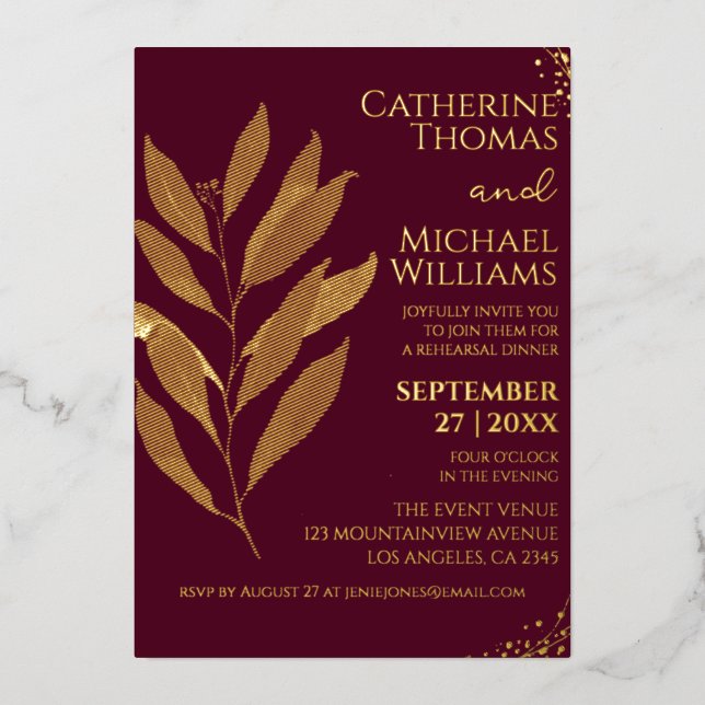Modern Burgundy Gold Leaf Wedding Rehearsal Dinner (Front)