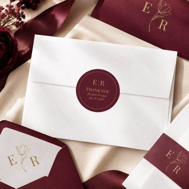 Modern Burgundy Gold Monogram Wedding  Classic Round Sticker (Modern Burgundy Gold Monogram Wedding Round Sticker and with other pieces of this suite)