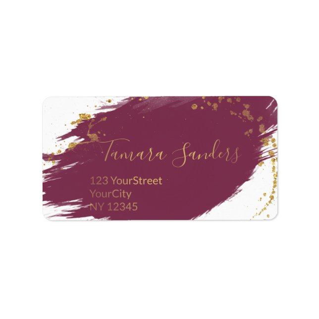 Modern Burgundy Gold Paint Strokes - Address Label (Front)