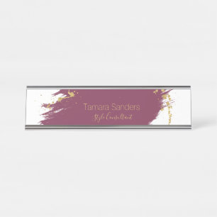 Modern Burgundy Gold Paint Strokes Desk Name Plate