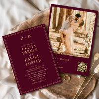 Modern Burgundy Gold Photo QR Code Wedding