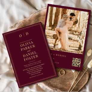 Modern Burgundy Gold Photo QR Code Wedding Invitation