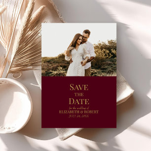 Modern Burgundy Gold Photo Save the Date Card