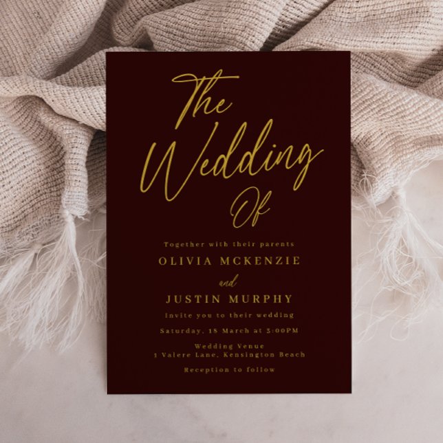 Modern Burgundy & Gold Script Wedding Invitation (Creator Uploaded)