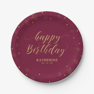 Modern burgundy & Gold Sparkle Happy Birthday Paper Plate