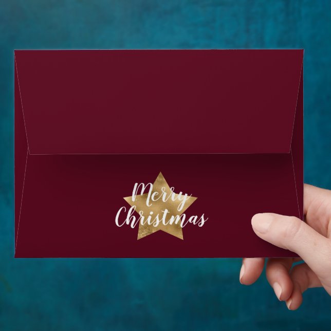 Modern Burgundy Gold Star Christmas Envelope (Hand)