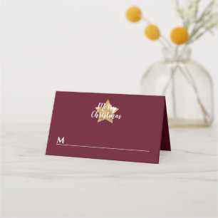 Modern Burgundy Gold Star Christmas Place Card