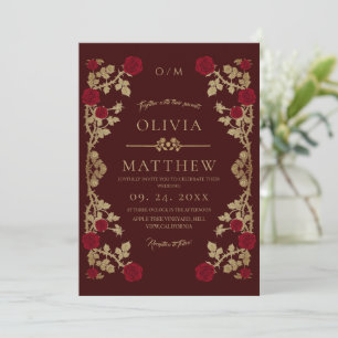 Modern Burgundy Golden⎮Boho Rose Vine Wedding Invitation