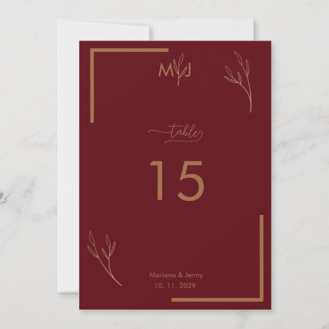 Modern Burgundy Golden Border Wedding Table Number (Front)