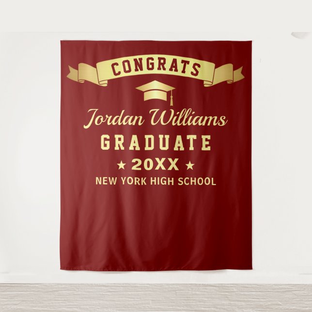 Modern Burgundy Golden Graduation Photo Backdrop Tapestry (Front)