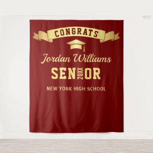 Modern Burgundy Golden Graduation Photo Backdrop Tapestry
