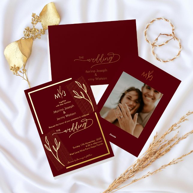 Modern Burgundy Golden Leaflet Border Monogram (Creator Uploaded)
