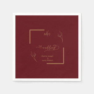 Modern Burgundy Golden Leaflet Border Monogram Napkin