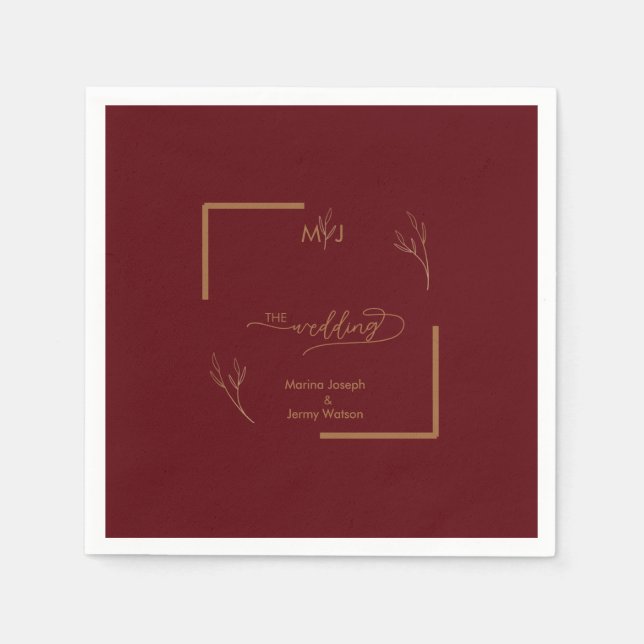 Modern Burgundy Golden Leaflet Border Monogram Napkin (Front)