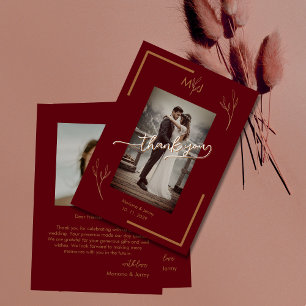*Modern Burgundy Golden Leaflet Monogram Wedding Thank You Card